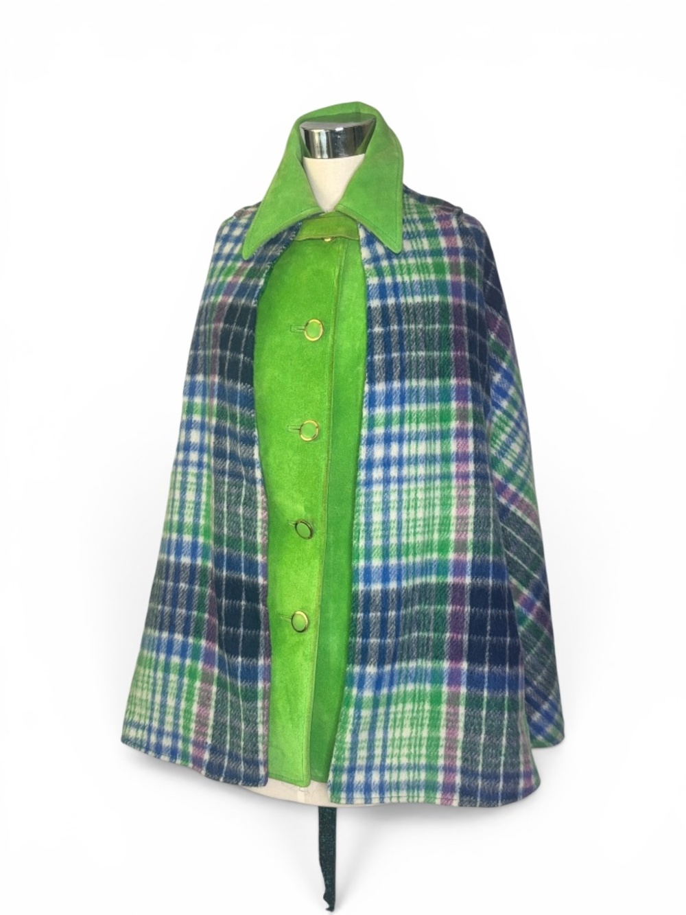 Vintage Pioneer Wear Plaid Wool & Green Suede Cape Vest Set | 1970s Southwestern - Picture 2 of 15